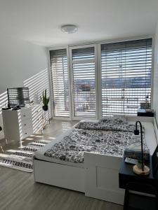 奥洛穆茨Apartmán Šantovka的一间卧室设有一张大床和一个大窗户