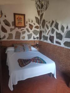 洛斯雷亚莱霍斯Casita Rural con Jacuzzi climatizado.的一间卧室配有一张石墙床