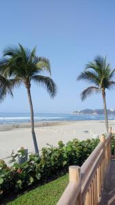 阿卡普尔科Mayan Vidanta Villas GOLF a 800 mt de la playa的两棵棕榈树和一个带木栅栏的海滩