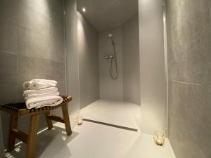 安特卫普CoCo Romantic - apartment in most trendy central hotspot of Antwerp的带淋浴和毛巾的浴室
