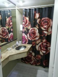 布宜诺斯艾利斯Premium Down Town的浴室设有水槽和带玫瑰的浴帘。
