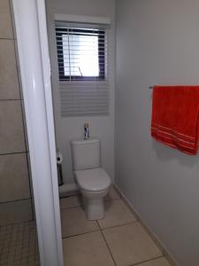 巴利托lovely 1 bedroom apartment的一间带卫生间、窗户和红色毛巾的浴室