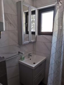 亚霍里纳Apartmani Kamavu的一间带水槽、镜子和淋浴的浴室