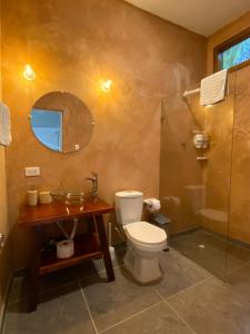 帕洛米诺Casa del Pavo Real Boutique Hostel的浴室配有卫生间、盥洗盆和淋浴。