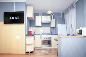第聂伯罗Apartment Pushkina的一间厨房,配有白色家电和蓝色的墙壁