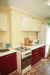 第聂伯罗Pobeda Apartment的厨房配有炉灶、水槽和冰箱。