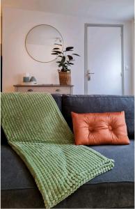 CarvinGîte Saint Martin的蓝色的沙发,配有橙色枕头和镜子