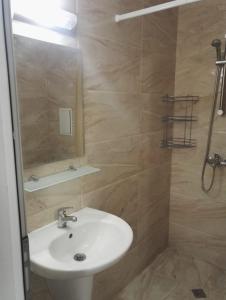 布尔加斯Apartments Sarafovo的浴室配有盥洗盆和带镜子的淋浴