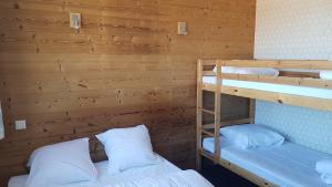 La Plagne TarentaisePlagne centre -Pied de pistes的木墙客房的两张双层床