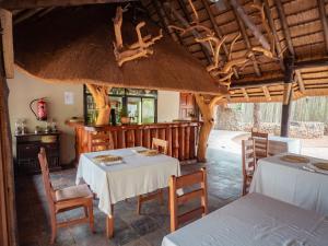 Manyoni Private Game ReserveRhino River Lodge的一间带两张桌子的用餐室和一间厨房