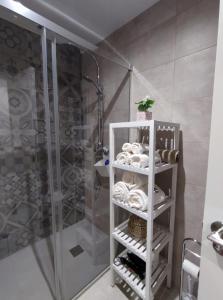 Santa FazLa Casa Azul的带淋浴的浴室以及带毛巾的架子。