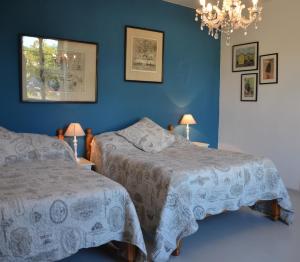 Saint-Colomb-de-Lauzun玛德雷纳之家住宿加早餐旅馆的一间蓝色卧室,配有两张床和吊灯
