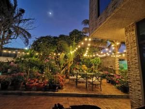巴克里索莫雷诺港拉卡萨德弥苏酒店的天井配有带灯和盆栽的桌子