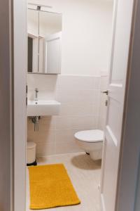 皮兰Guest House Rosemary的浴室配有卫生间、水槽和黄色地毯。