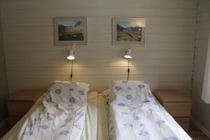 Jostedal加斯特代尔酒店的一间设有两张带蓝色鲜花的床的房间