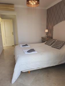 卡萨雷斯Costa del Sol by the Sea的一间卧室配有两张床和吊灯。