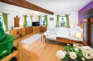萨尔茨堡戴尔哈斯莱彻摩尔酒店的一间卧室配有一张大床和电视