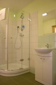 尤卡尔内雷达格斯旅馆的带淋浴和盥洗盆的浴室