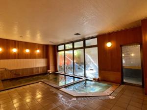 落合Nakatsugawa Onsen Hotel Hanasarasa的大型客房,地板上设有水池
