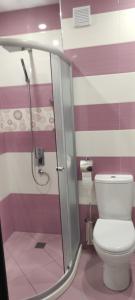 斯利文Apartament Kostov Sliven的一间带卫生间和玻璃淋浴间的浴室