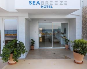 赫索尼索斯Sea Breeze Hotel的建筑前有盆栽的旅馆