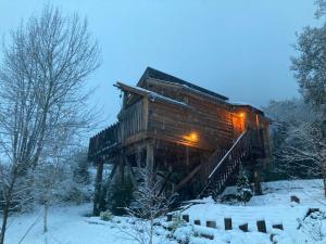 阿戈斯维达洛斯Le chalet du Pibeste的雪中的一个小木屋,灯光照亮