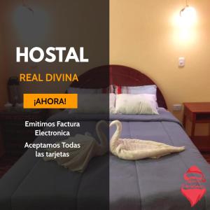 胡利亚卡Hostal Real Divina的一张酒店客房的海报,床上有天鹅