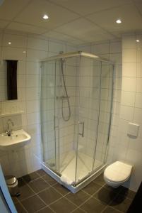 东弗利兰Hotel Posthuys Vlieland的带淋浴、卫生间和盥洗盆的浴室