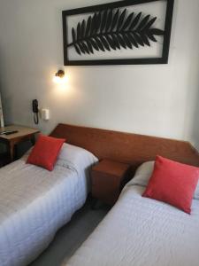布宜诺斯艾利斯Suite Confortable en Palermo Omega的两张位于酒店客房的床铺,配有红色枕头
