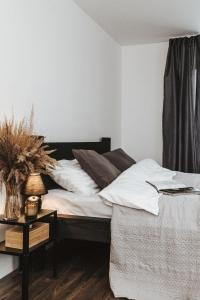 马多纳Sniegi Apartments with sauna的一间卧室配有一张床和一张带台灯的桌子