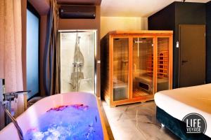 斯特拉斯堡LIFE VOYAGE & SPA by Life Renaissance的客房设有浴缸和玻璃淋浴间。