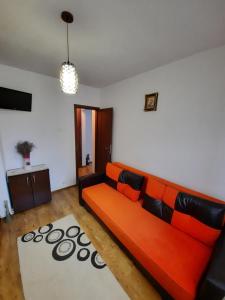 锡比乌Happy apartament的客厅配有橙色沙发和地毯。