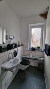哈廷根Kohle und Stahl的一间带水槽和卫生间的浴室以及窗户。