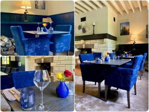 Saint-Aubin-le-VertueuxLe Moulin Fouret的餐厅设有蓝色的椅子和一张带葡萄酒玻璃的桌子