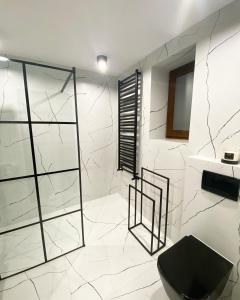 ZalesieDom Malowy Sad的浴室设有黑色卫生间和白色大理石墙壁。