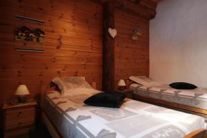 圣福瓦-塔朗泰斯Chez Michel的木墙客房的两张床