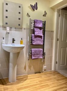 安布尔塞德安布尔塞德斯泰尔斯住宿加早餐旅馆的一间带水槽和紫色毛巾的浴室