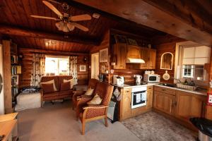 特兹西尼德Country log cabin By Seren Property的厨房设有木墙和天花板