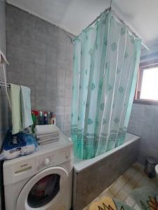 新瓦罗什Domaćinstvo Sindžirević的一间带洗衣机和淋浴帘的浴室