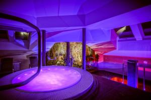 奥洛穆茨Theresian Hotel的紫色照明的客房内的浴缸