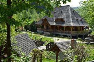 MaraPăstrăvăria Alex的大型木制房屋,设有大型屋顶