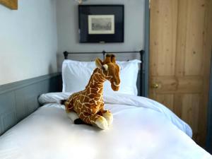 布莱顿霍夫27 Brighton Guesthouse的塞满长颈鹿的长颈鹿坐在床上