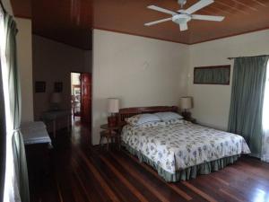 下博克特Casa Romero - A cozy tradition的一间卧室配有一张床和吊扇