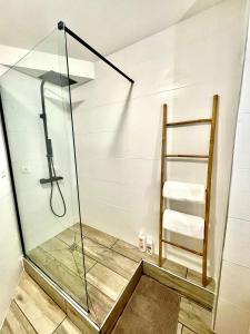 圣丹尼斯Nouveauté - L'Oasis - T3 - 70 M2 - Jacuzzi的浴室里设有玻璃门淋浴