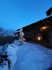 阿斯蒂Tenuta degli Angeli Rossi的夜晚雪中的一个宝塔
