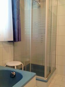 纽科琴格罗斯夫艾斯霍阿玛特公寓的带淋浴和蓝色水槽的浴室