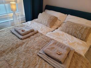 乔左维尔考普尔斯基Apartament Warszawska 26 - Klimatyzacja的床上配有毛巾和枕头
