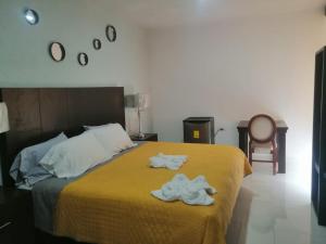 多洛雷斯-伊达尔戈HOTEL MI HERMOSO DOLORES的一间卧室配有一张床,上面有两条毛巾