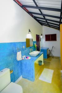 Raddoluwa兰多尼住宿加早餐旅馆的蓝色和白色的浴室设有水槽和卫生间