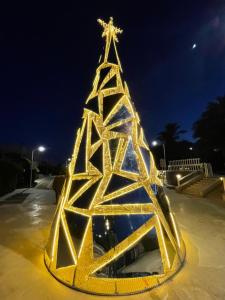 拉斯苏德尔Mousa Coast Hotel & Spa的圣诞树在晚上点亮